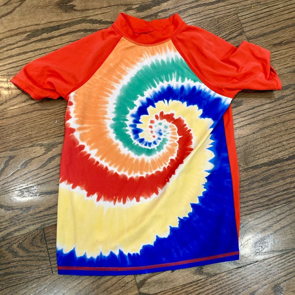 Lands End Kids Tie-Dye Spiral Rash Guard Swim Shirt - Red Multicolor